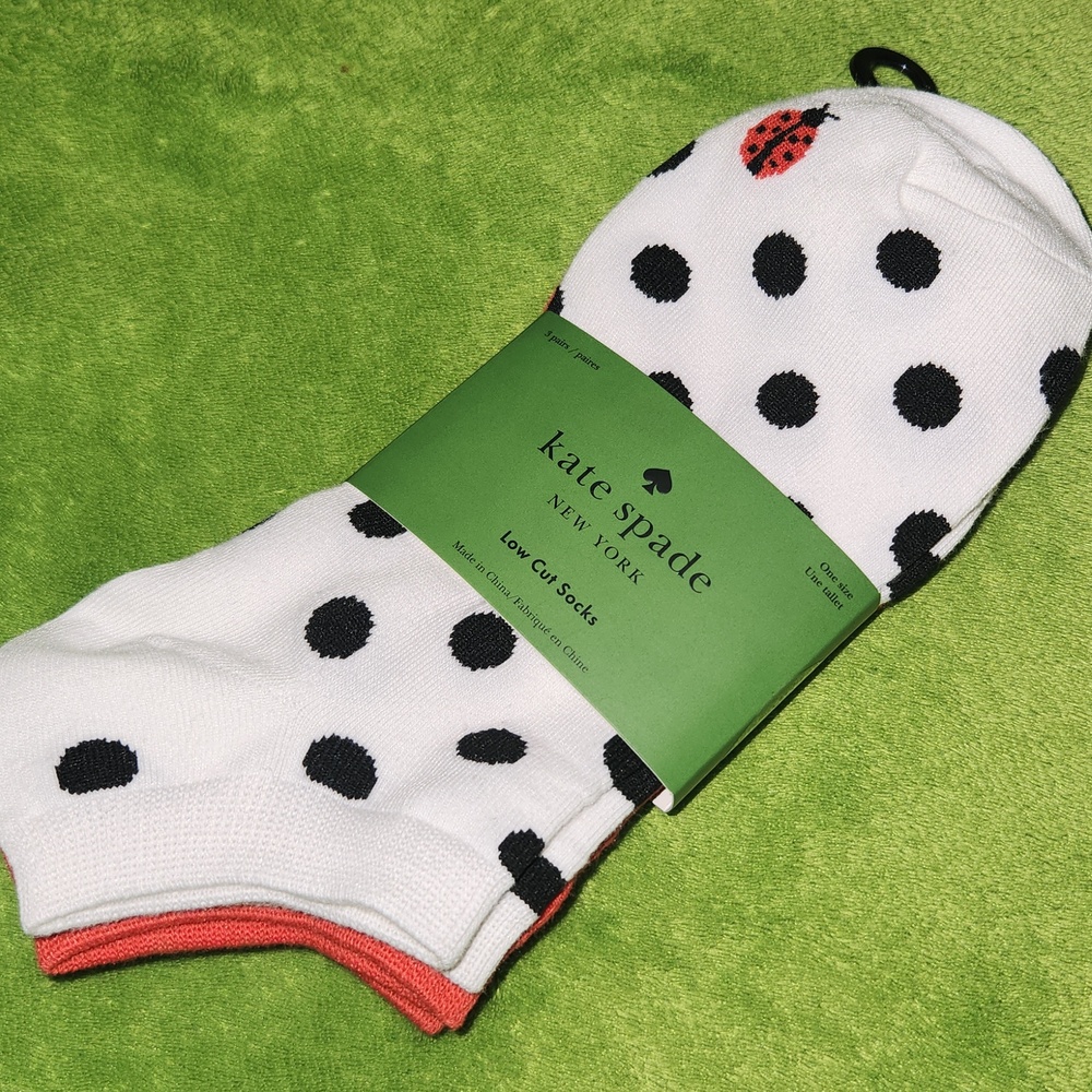 Kate Spade 3 Pack Of Low Cut Socks White Polka Dot with Ladybug, Black & Red